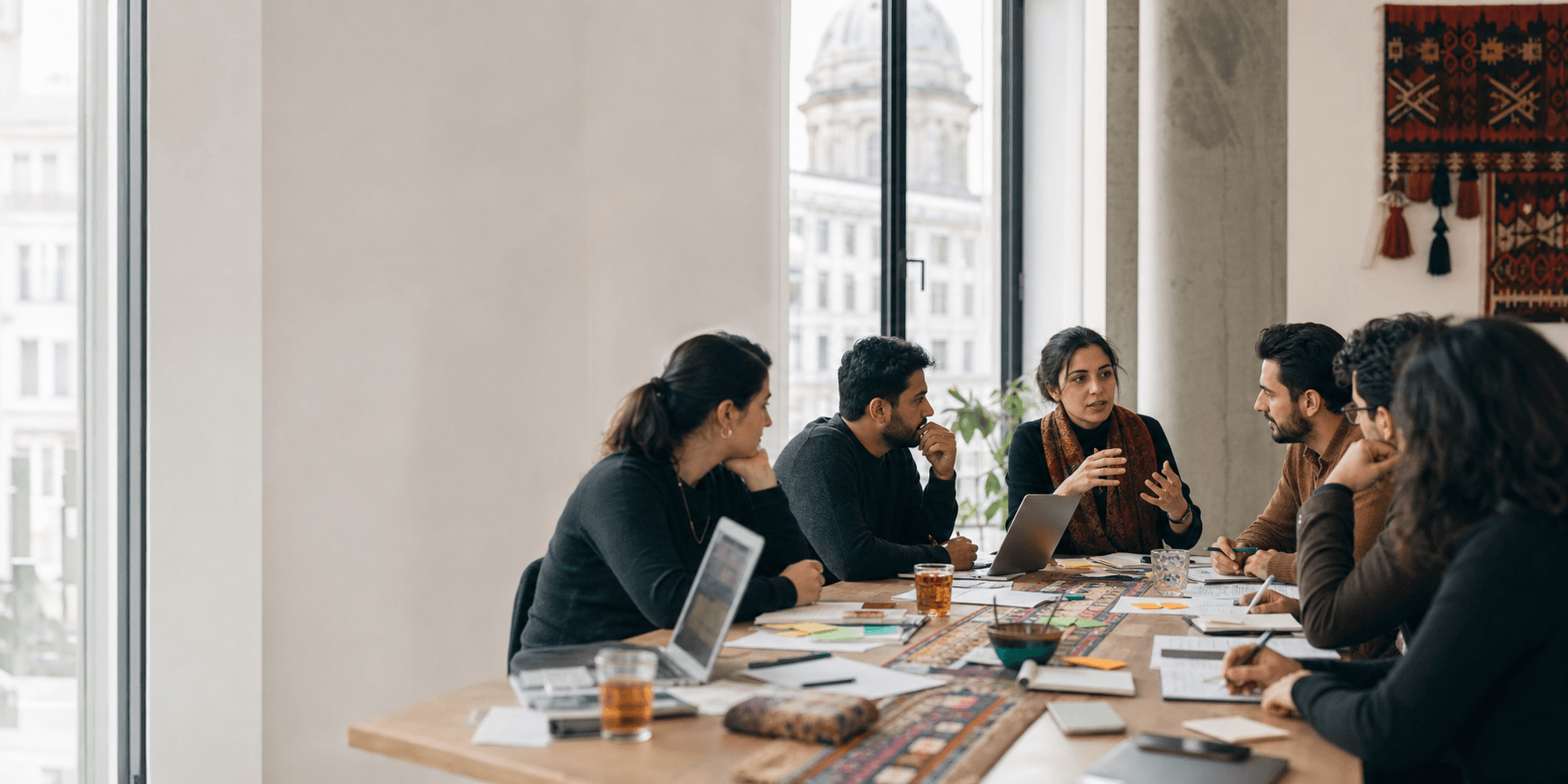 Afghan diaspora organizers in a Berlin meeting room discussing policy and advocacy work.